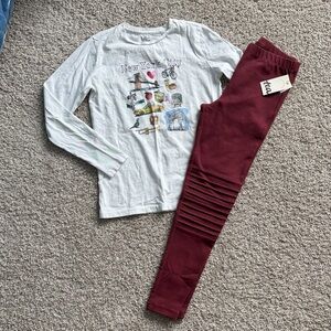 White Graphic Tee and Burgundy Moto Pants Set